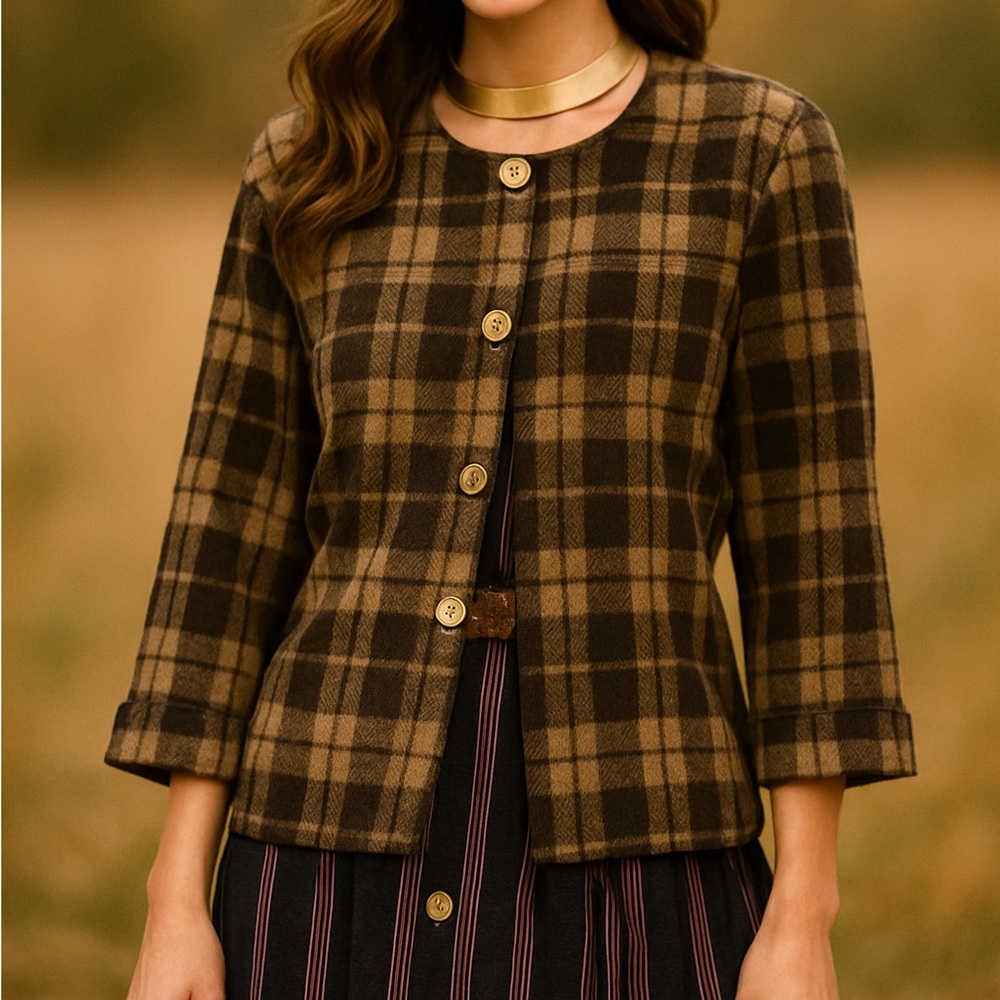 Vintage Joanna Brown Checkered Scoop Neck Button Down Crop Blazer Cardigan Large